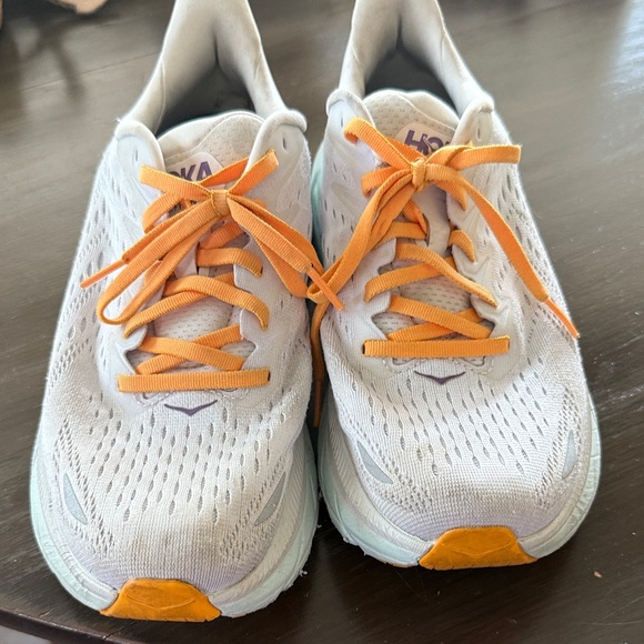 Hoka One One Shoes - Hoka Clifton size 10 White with Orange/Purple Accents Running Shoes